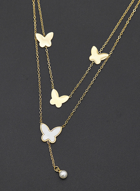 钛钢光面蝴蝶贝壳双层项链