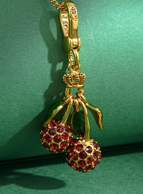 满钻红色樱桃车厘子绿叶吊坠项链