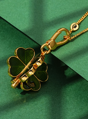 立体珐琅绿色幸运四叶草吊坠项链