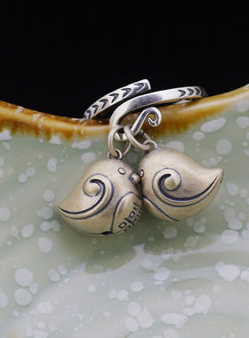 S925纯银喜鹊戒指喜字小铃铛可爱民族风做旧小鸟响铃情侣开口指环