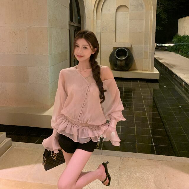 Rian trea Yuting summer wear slim bell sleeves ruffled waist top suspender bottoming two-piece set