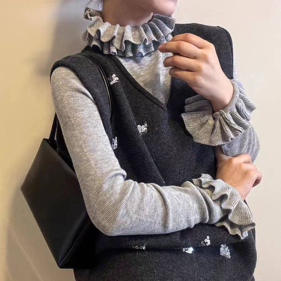 韩系甜美亮片羊毛无袖背心马甲V领坎肩+木耳边针织打底衫两件套女,淘宝优惠券,粉丝福利购,淘宝优惠卷