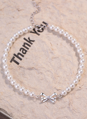 轻奢小众蝴蝶结珍珠925银手链