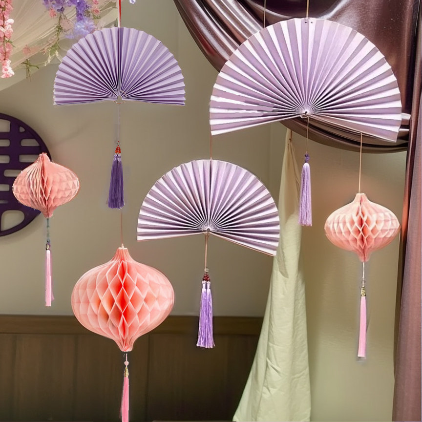 紫气东来新年乔迁布置瑜伽馆布置紫色纸扇蜂窝球挂饰装饰灯笼珠宝,淘宝优惠券,粉丝福利购,淘宝优惠卷