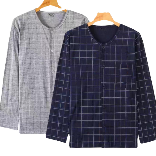 中老年人男士纯棉长袖开衫睡衣系扣上衣宽松大码薄款透气汗衫夏季 - 图3