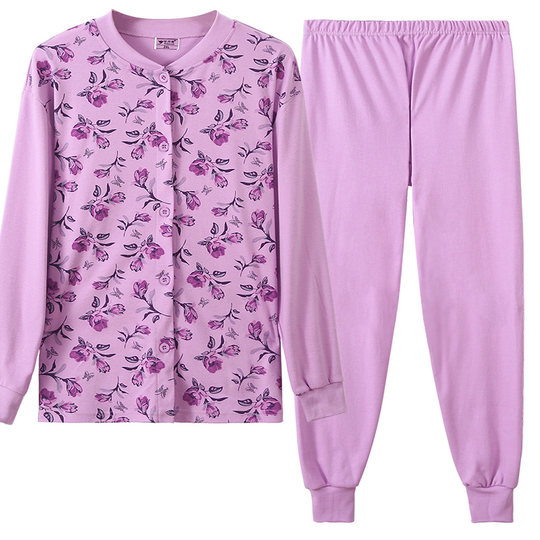 女士纯棉开衫秋衣秋裤套装加肥加大码宽松中老年人保暖内衣家居服