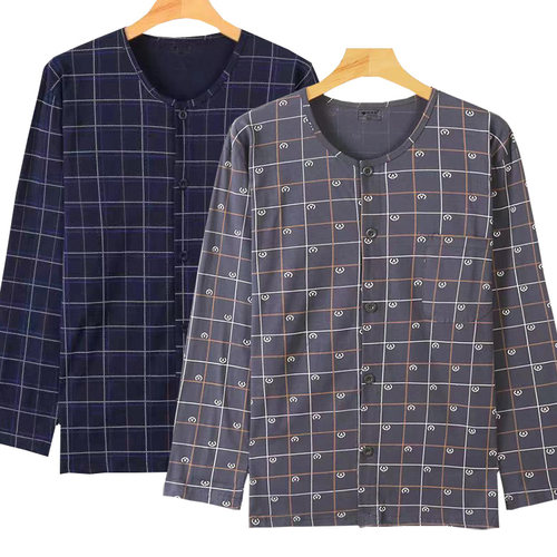 中老年人男士纯棉长袖开衫睡衣系扣上衣宽松大码薄款透气汗衫夏季 - 图2