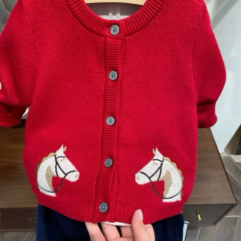 马年款韩国童装秋冬款男女童同款卡通羊毛衫毛线开衫新年红色毛衣,淘宝优惠券,粉丝福利购,淘宝优惠卷