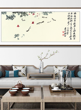 桃花鱼戏国画新中式客厅挂画横幅花鸟水果餐厅装饰画牡丹实木成品