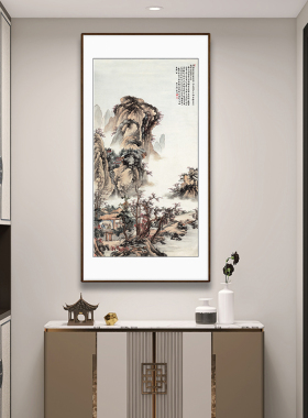 新中式玄关装饰画走廊过道竖幅挂画客厅国画山水画背景墙层叠秋山