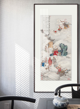 中式五路八方进财走廊背景墙壁画