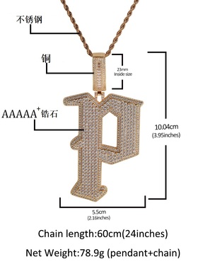 欧美新款铜镶锆石大号字母P吊坠大写字母潮流嘻哈项坠hiphop饰品