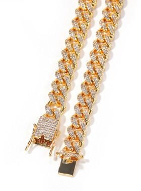 10mm宽铜镶锆石嘻哈古巴链百搭手链镀18K金重工锁骨链男女潮项链