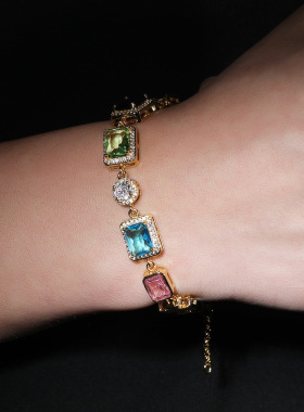 夏季ins风多巴胺项链精致奢华铜镶锆石几何型可调节彩色宝石手链