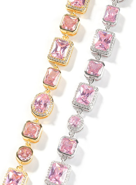 新款气质轻奢几何型铜镶锆石粉色宝石手链简约甜美手链靓女潮饰品