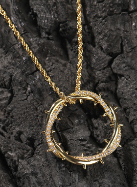 复古荆棘皇冠吊坠男士潮小众设计感毛衣链铜镶锆石嘻哈女士潮项链