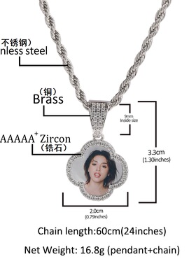 DIY四叶草相框嘻哈吊坠铜微镶锆石情侣照片纪念项坠定制photo项链