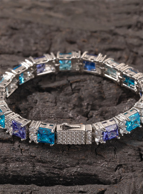 欧美蓝紫宝石嘻哈项链满钻首饰手链铜镶锆石高级感方形排钻锁骨链