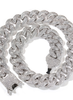 20mm加密嘻哈古巴链铜镶锆石潮男时尚项链新款弹簧扣四排满钻手链