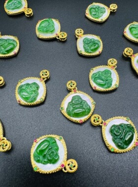 18k金AU750危料翡翠佛公吊坠白贝母项链女龙腾图送银链