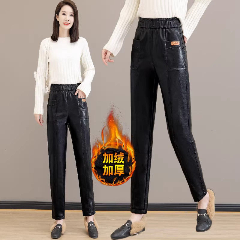 哈伦裤皮裤女秋冬2025年新款高腰显瘦休闲外穿加绒加厚直筒pu裤子,淘宝优惠券,粉丝福利购,淘宝优惠卷