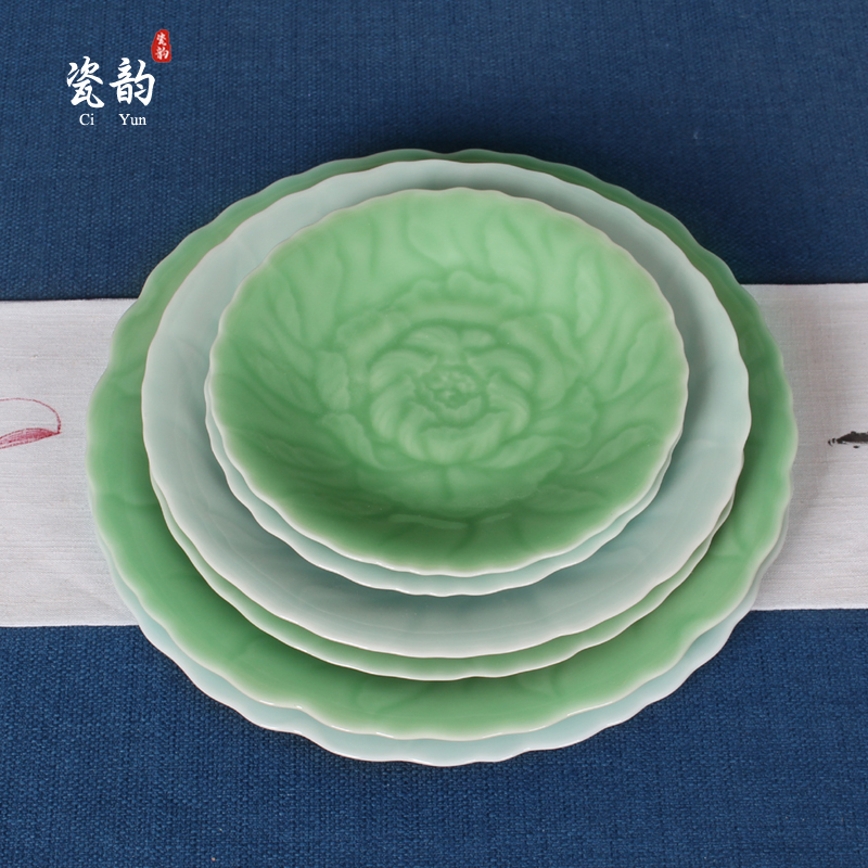 龙泉青瓷牡丹餐具套装 陶瓷圆盘子菜盘骨碟 6-10寸家用微波炉盘子
