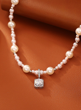 爆款曼塔玫瑰珍珠方糖锆石吊坠项链轻奢时尚感优雅气质锁骨链