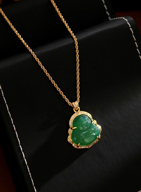 中古时尚仿和田玉弥勒佛吊坠直播爆款微笑弥勒国风新中式项链大气
