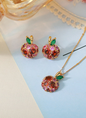 日韩彩钻满钻女水果项链多巴胺樱桃耳钉锁骨链轻奢感首饰套装