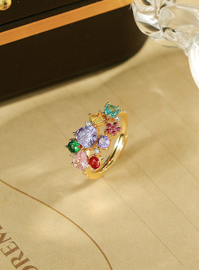 中古宫廷风新款戒指彩虹色复古开口戒指百搭时尚欧美风可调节戒指