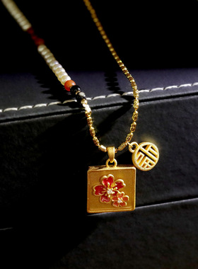 花开富贵古法沙金电镀方牌项链国风珍珠碧玺串珠毛衣链新中式颈链