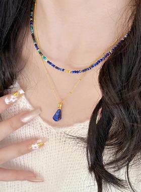 深海回忆！国风深蓝色串珠碎银子项链女气质轻奢小众感锁骨链