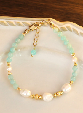 超仙海蓝色天河石淡水珍珠手链简约水晶串珠手链新中式甜美手串女