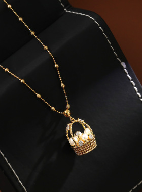 小众轻奢立体编织菜篮子珍珠项链中古气质人间富贵花篮毛衣链送礼