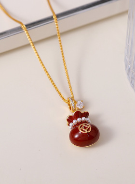 新年红滴釉钱袋珍珠项链
