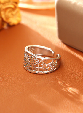 复古镂空碎花开口戒指小众金属风