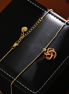 复古镀真金红色麻花纽扣锁骨链