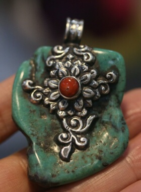 尼泊尔手工925纯银绿松石随行吊坠项链坠子水晶项链项坠