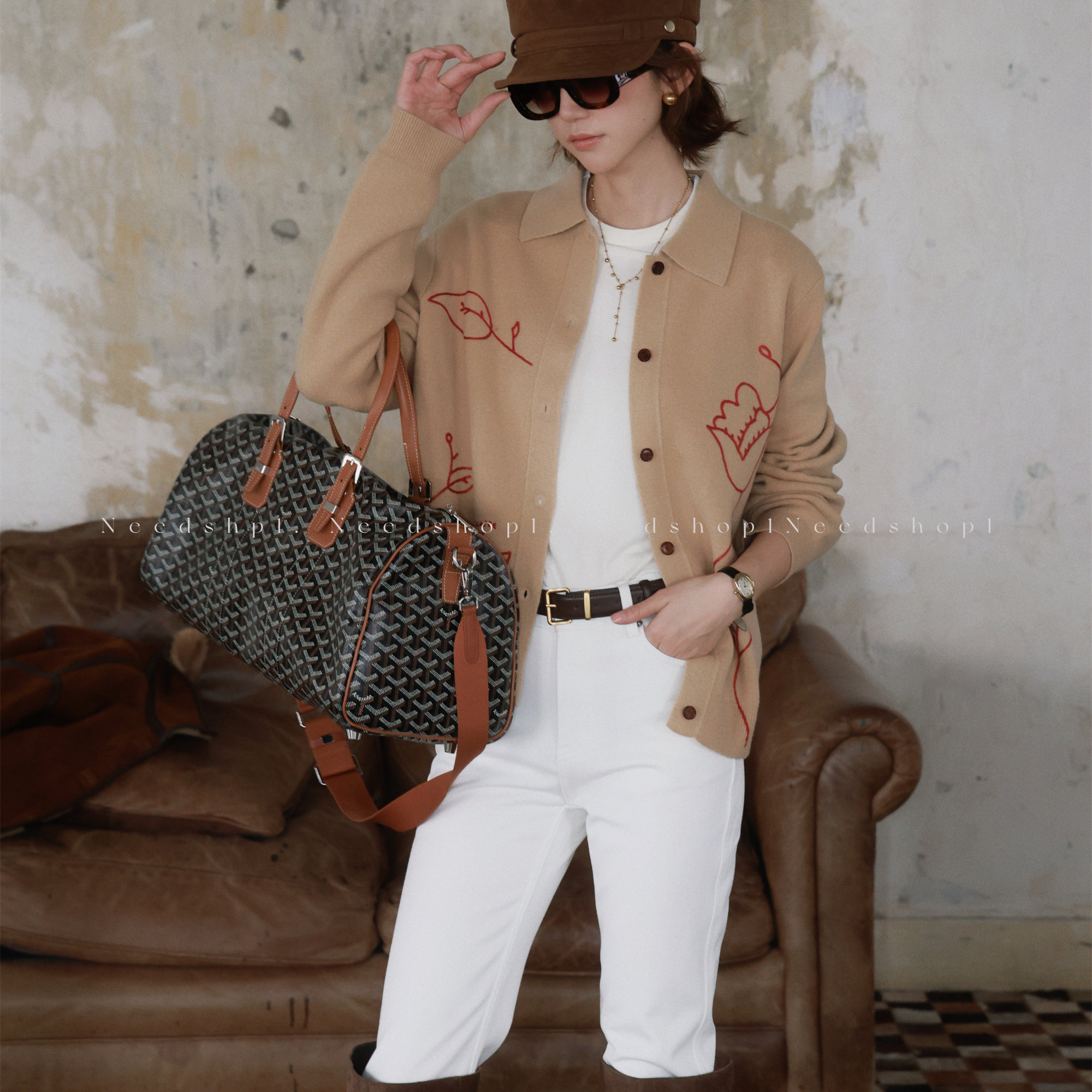 NeedShop1 卡其色刺绣设计款简约polo领绵羊毛针织开衫,淘宝优惠券,粉丝福利购,淘宝优惠卷