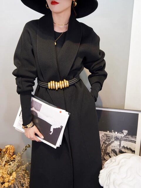 2024秋冬新款高端粉色青果领羊毛双面呢外套女羊绒大衣系带中长款