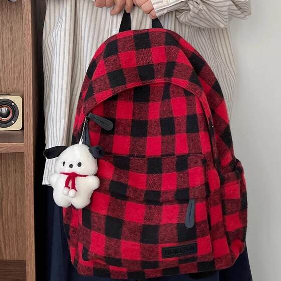 Student schoolbag retro plaid Korean version ins niche literary junior high school student backpack contrast color student backpack