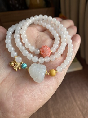 现货一物一图天然老料和田玉羊脂白玉三圈手链天然绿松石配饰