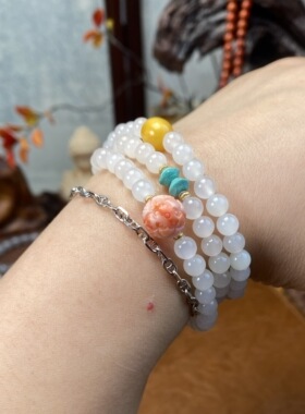 天然和田玉白玉手链羊脂白玉项链手串绿松石三圈轻奢女友礼物