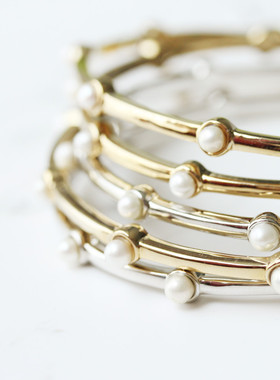 百搭银色珍珠镀金圆形叠戴手镯