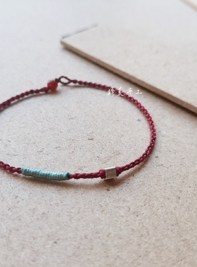 包邮订做全新手工编制深红四股辫手绳925纯银方块文艺复古风百搭