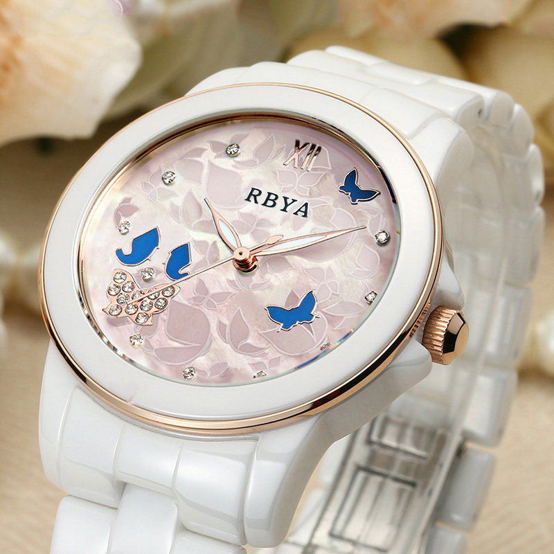 罗比亚山茶花石英陶瓷白色学生女表 峰浪国产腕表