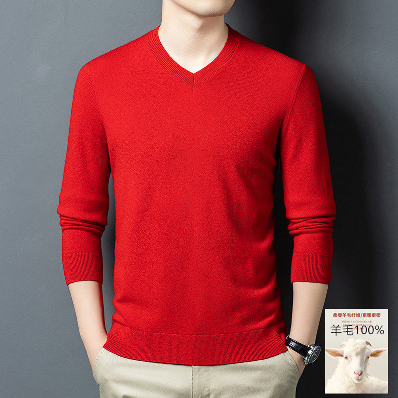 100%羊毛高档休闲商务打底衫不起球鸡心领毛衣加厚V领羊毛衫男款