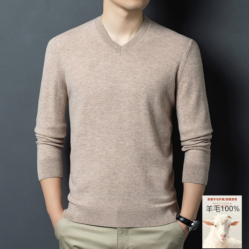 100%羊毛高档休闲商务打底衫不起球鸡心领毛衣加厚V领羊毛衫男款
