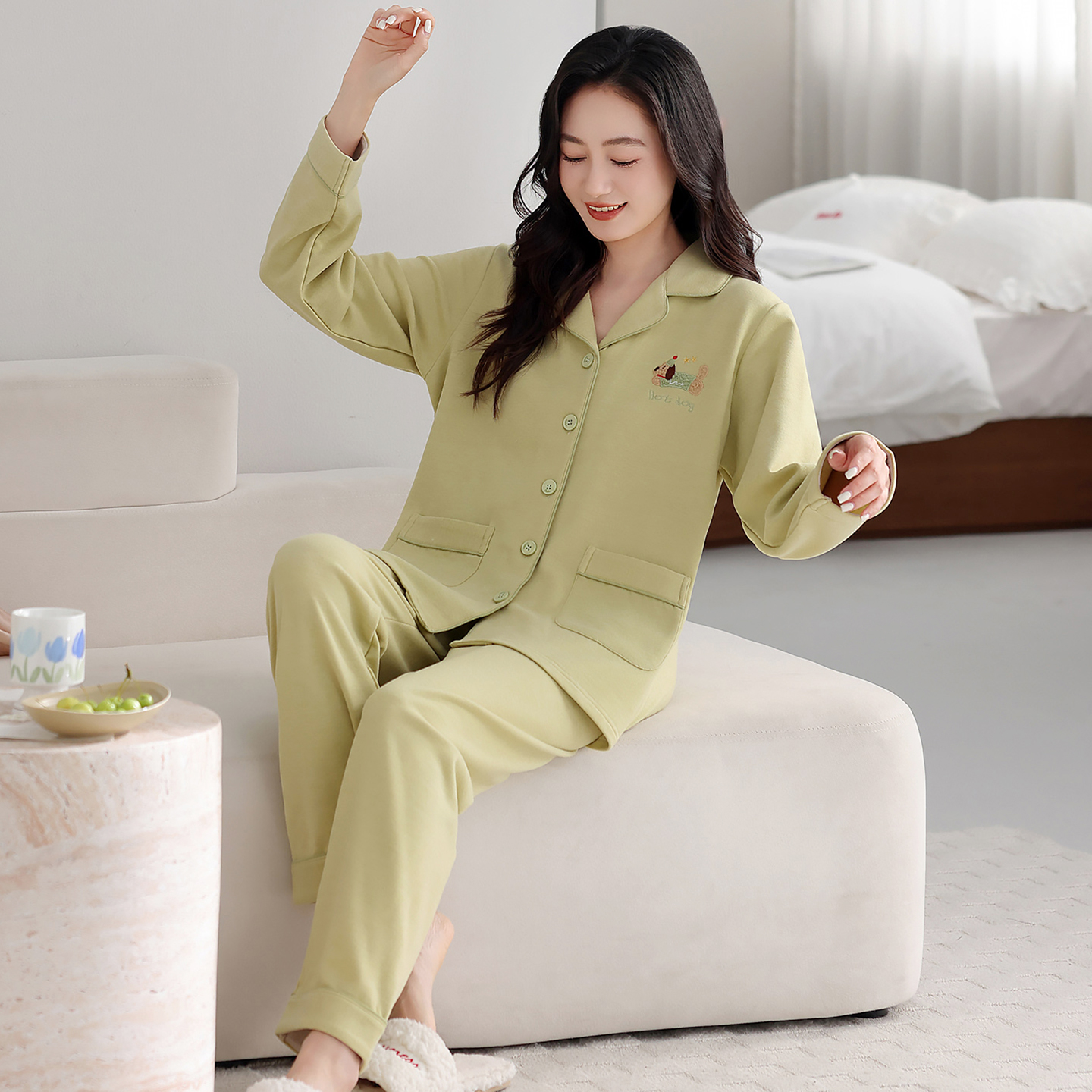 芬腾可安睡衣秋女款2025新款冬季薄绒加厚长袖大码绿家居服秋冬天 - 图2