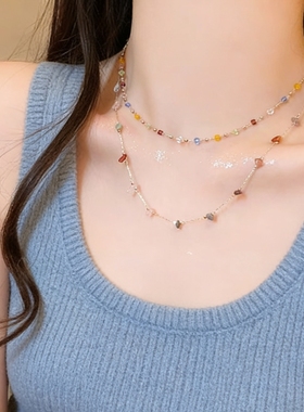 多巴胺彩色双层叠戴水晶项链女轻奢小众精致锁骨链气质百搭配饰品